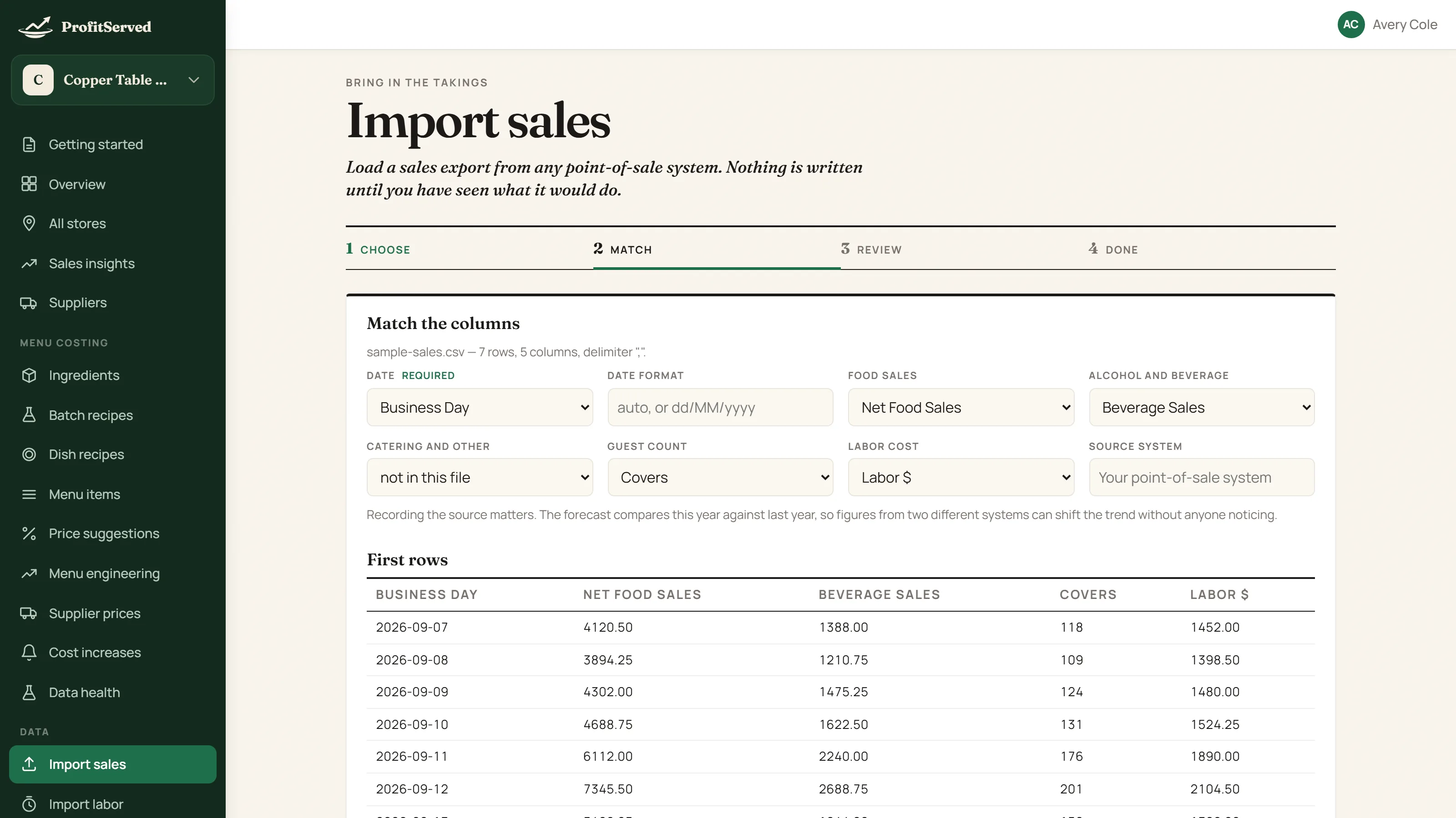 The Match the columns step of the sales import, with a column chosen for date, food sales, beverage sales, guest count and labor cost.
